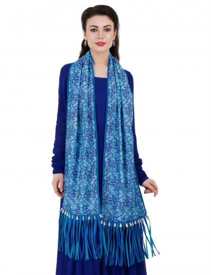 teal & blue floral chanderi tassel stole