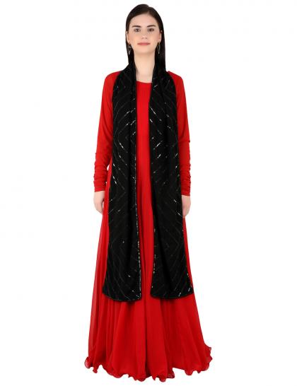 Black Crepe Georgette Stole With Sequin Work