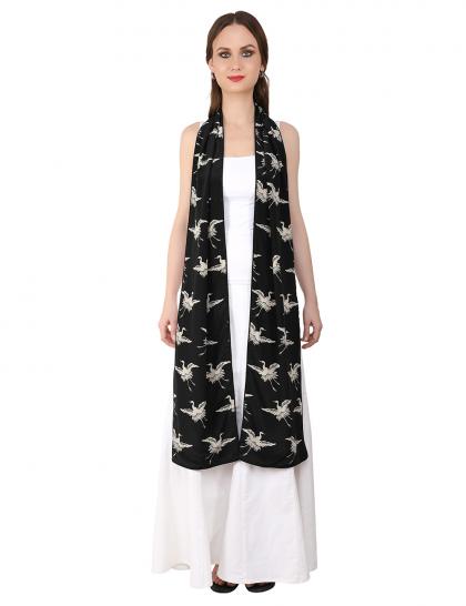 Black Crepe Stole With Birds | Purplesunshine