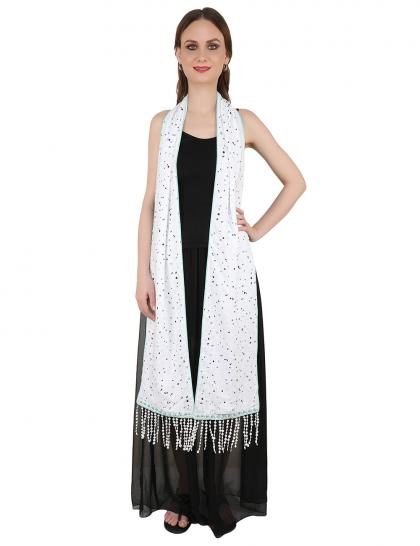 green & white rayon stole with beading & white tassel border