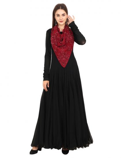 Maroon Net Embroidered Scallop Neck Scarf