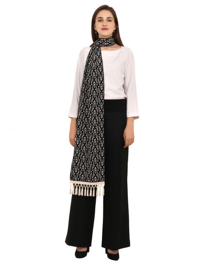 black & cream crepe stole with pearl tasseled border